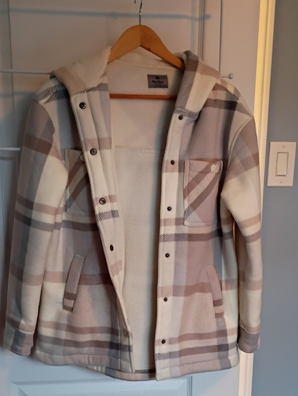 Plaid Hooded Coat Jacket in Cream & Taupe